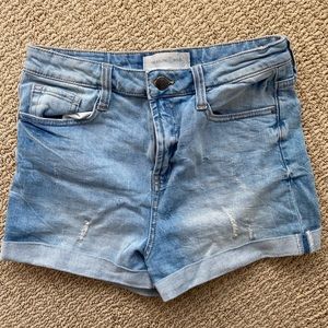 High waisted light wash denim shorts